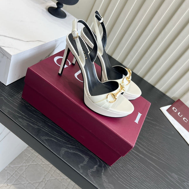 GUCCI 26S HORSEBIT GG SANDALS 105 MM IN CREAM WHITE PATENT CALFSKIN