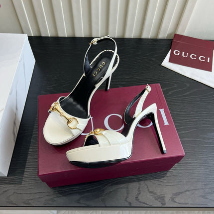 GUCCI 26S HORSEBIT GG SANDALS 105 MM IN CREAM WHITE PATENT CALFSKIN