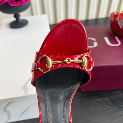 GUCCI 26S HORSEBIT GG SANDALS 105 MM IN RED PATENT CALFSKIN