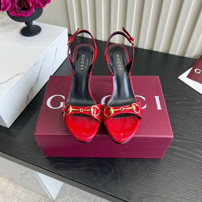 GUCCI 26S HORSEBIT GG SANDALS 105 MM IN RED PATENT CALFSKIN
