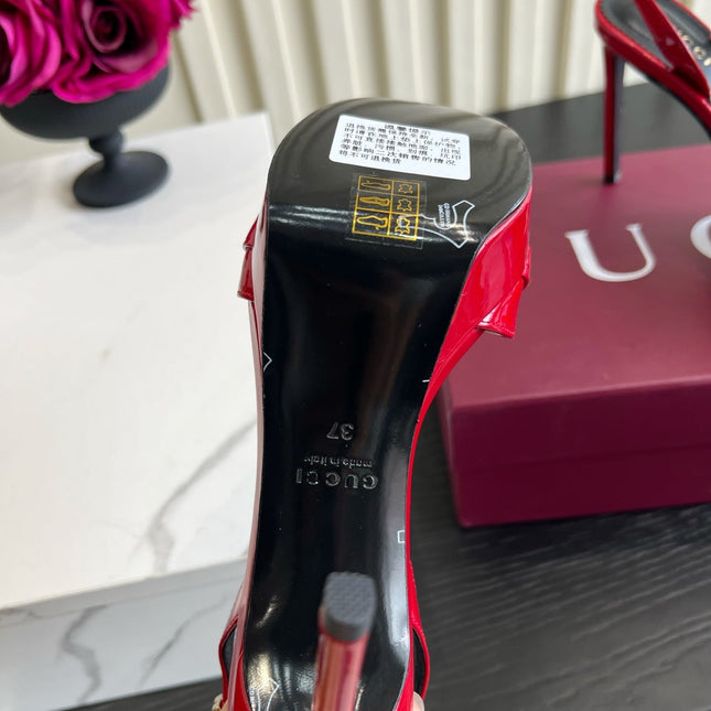 GUCCI 26S HORSEBIT GG SANDALS 105 MM IN RED PATENT CALFSKIN