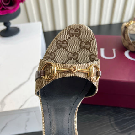 GUCCI 26S HORSEBIT GG SANDALS 105 MM IN BEIGE CANVAS