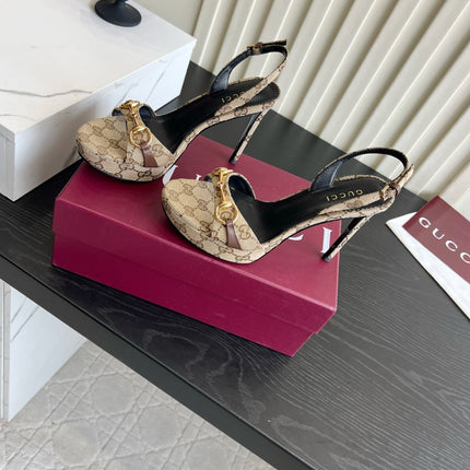 GUCCI 26S HORSEBIT GG SANDALS 105 MM IN BEIGE CANVAS