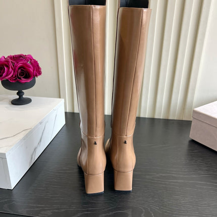 JIMMY CHOO 26S KNEE HIGH BOOTS 60 MM IN BEIGE BROWN CALFSKIN