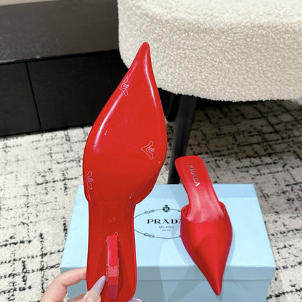 PRADA 25S POINTED-TOE MULES IN CRIMSON RED SATIN