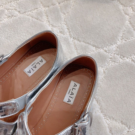 ALAIA CRISS CROSS BALLET FLAT IN SILVER LAMBSKIN