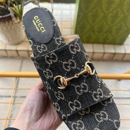 GUCCI 26S WEDGE SANDALS 100 MM IN BLACK DENIM
