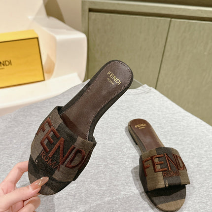 FENDI 26S SLIDE SANDALS IN KHAKI & DARK BROWN CANVAS
