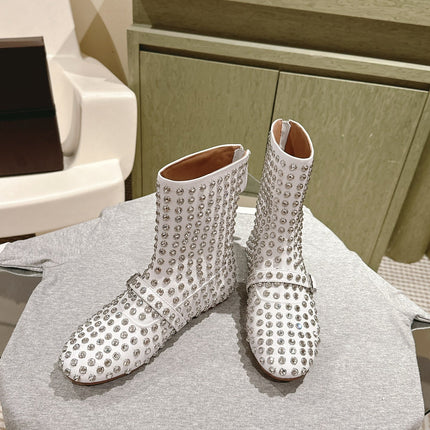 ALAIA SHORT BOOTS IN WHITE LAMBSKIN ATTACH RHINSTONES