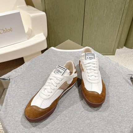 CHLOÉ 26S SNEAKERS IN WHITE MESH AND BROWN SUEDE