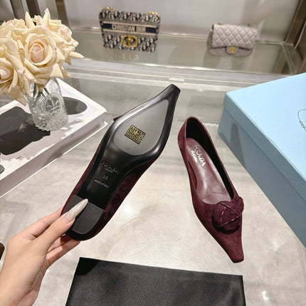 PRADA 26S POINTED TOE BALLET FLATS IN BURGUNDY RED SUEDE WITH FLORAL