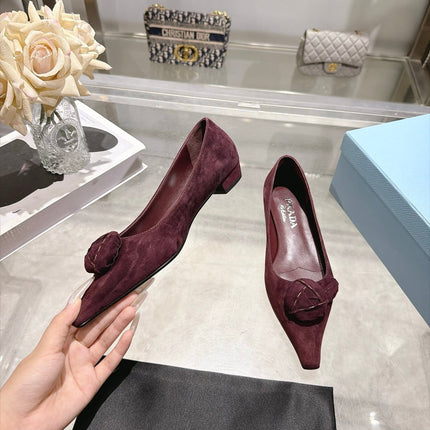 PRADA 26S POINTED TOE BALLET FLATS IN BURGUNDY RED SUEDE WITH FLORAL