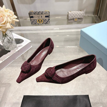 PRADA 26S POINTED TOE BALLET FLATS IN BURGUNDY RED SUEDE WITH FLORAL