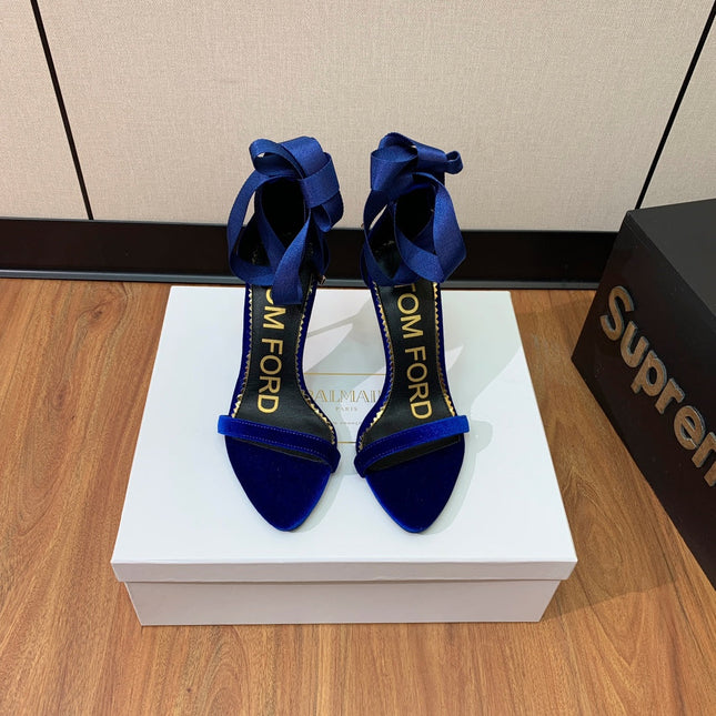 ANKLE SANDAL 10 CM IN NAVY BLUE VELVET AND SILK