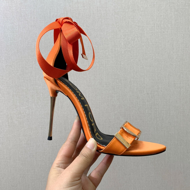 ANKLE SANDAL 10 CM IN SPANISH ORANGE SILK AND SHEEPSKIN