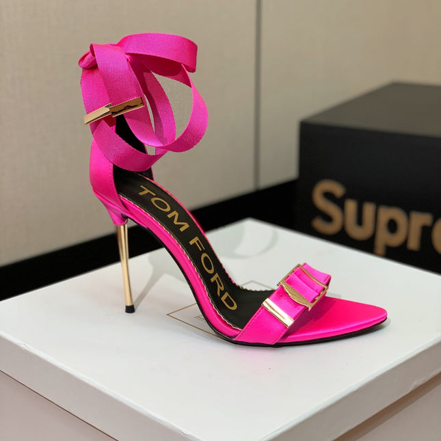 ANKLE SANDAL 10 CM IN BRIGHT PINK SILK AND SHEEPSKIN