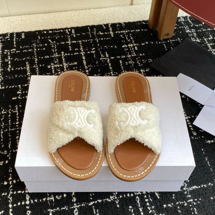 CELINE 26S TRIOMPHE FLAT SLIDES IN WHITE WOOL