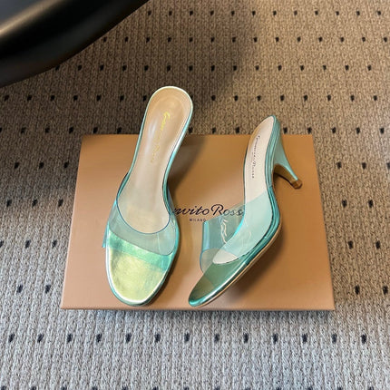 GIANVITO ROSSI 26S HEELED SANDALS 75 MM IN METALLIC MINT GREEN PATENT CALFSKIN AND PVC