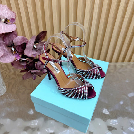 AQUAZZURA 26S CRYSTAL SANDALS 85 MM IN DARK RED SATIN