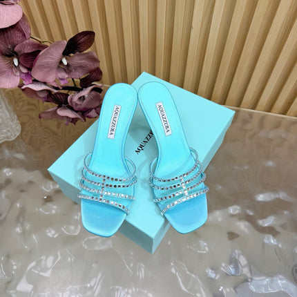 AQUAZZURA 26S CRYSTAL HIGH-HEEL SLIDES 85 MM IN LIGHT BLUE SATIN