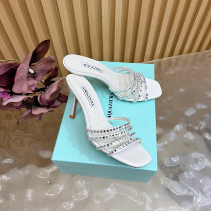 AQUAZZURA 26S CRYSTAL HIGH-HEEL SLIDES 85 MM IN WHITE SATIN