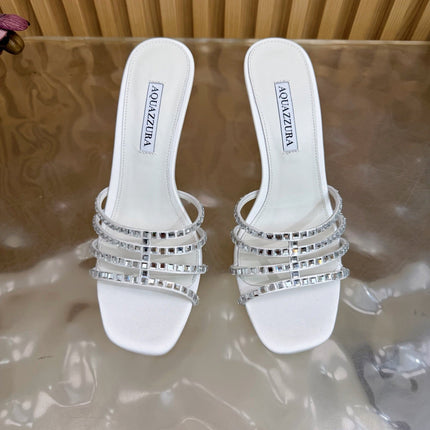 AQUAZZURA 26S CRYSTAL HIGH-HEEL SLIDES 85 MM IN WHITE SATIN