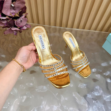 AQUAZZURA 26S CRYSTAL HIGH-HEEL SLIDES 85 MM IN GOLD CALFSKIN