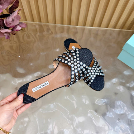 AQUAZZURA 26S SLIDES IN BLACK LUREX FABRIC