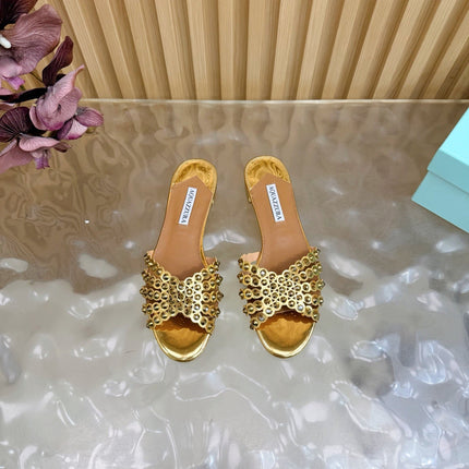 AQUAZZURA 26S SLIDES IN METALLIC GOLD CALFSKIN CRYSTAL-EMBELLISHED STRAPS