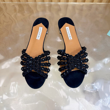 AQUAZZURA 26S SLIDES IN BLACK SUEDE CRYSTAL-EMBELLISHED STRAPS