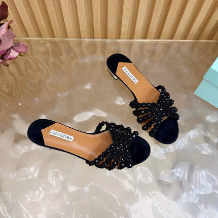 AQUAZZURA 26S SLIDES IN BLACK SUEDE CRYSTAL-EMBELLISHED STRAPS