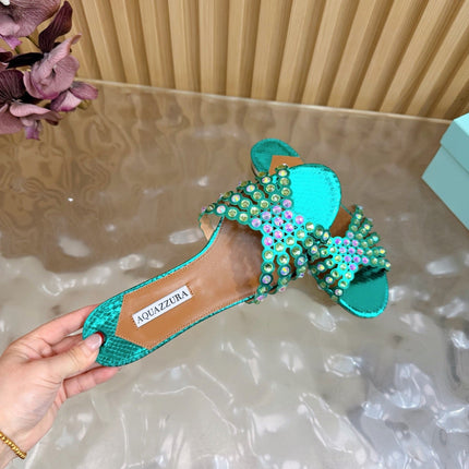 AQUAZZURA 26S SLIDES IN EMERALD GREEN SNAKESKIN EMBOSSED LEATHER