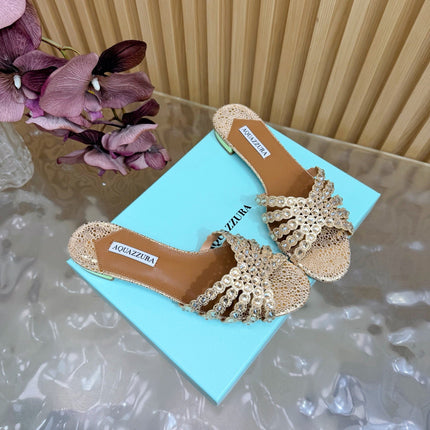 AQUAZZURA 26S SLIDES IN LIGHT GOLD EMBOSSED LEATHER 