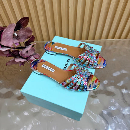 AQUAZZURA 26S SLIDES IN MULTICOLOR SNAKESKIN EMBOSSED LEATHER