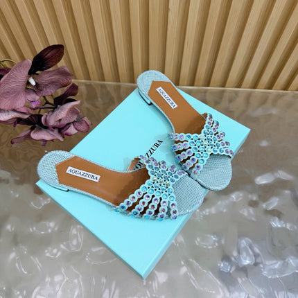 AQUAZZURA 26S SLIDES IN LIGHT BLUE SNAKESKIN EMBOSSED LEATHER