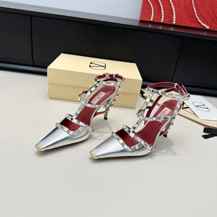 VALENTINO 26S ROCKSTUD SLINGBACK PUMPS 100 MM IN METALLIC SILVER CALFSKIN