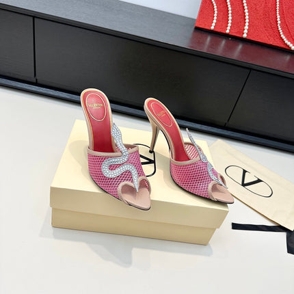 VALENTINO 26S SNAKE STRAP SANDALS 100 MM IN BEIGE CALFSKIN AND PINK MESH