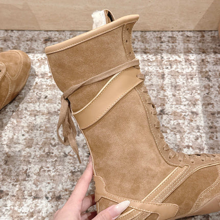 MIUMIU 25S ANKLE BOOTS IN LIGHT BROWN SUEDE WITH SHEARLING