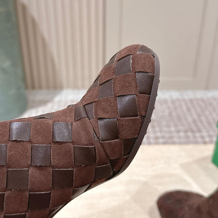 BOTTEGA VENETA 26S INTRECCIATO BOOTS 85 MM IN DARK BROWN SUEDE AND LAMBSKIN