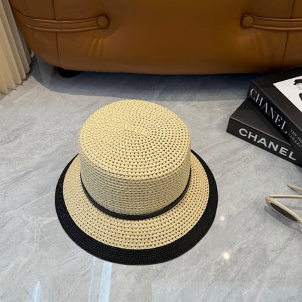 CHANEL 26S FLAT-BRIM STRAW HAT WITH RAISED CC LOGO 338107
