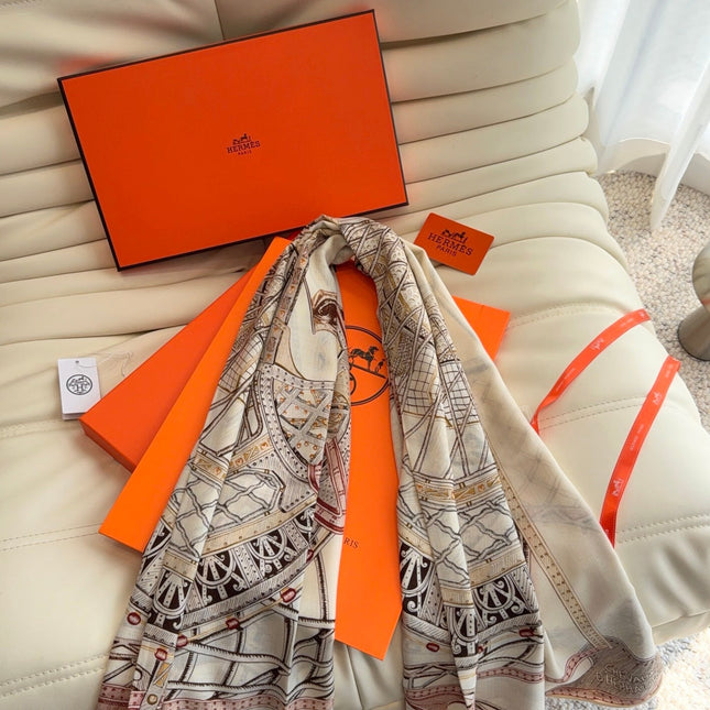 HERMES 26S SCARF 140 IN SILK AND CASHMERE 498304