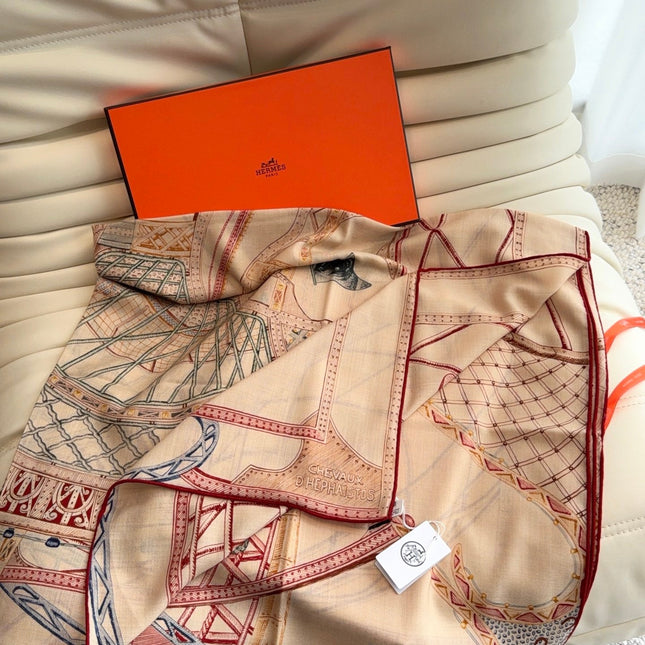 HERMES 26S SCARF 140 IN SILK AND CASHMERE 498305