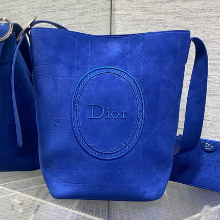 DIOR 26S MEDAILLON BUCKET BAG 34 IN DARK BLUE SUEDE SILVER HARDWARE