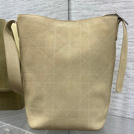 DIOR 26S MEDAILLON BUCKET BAG 34 IN BEIGE SUEDE SILVER HARDWARE
