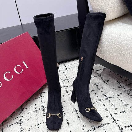 GUCCI 26S HORSEBIT KNEE-HIGH BOOTS 75 MM IN BLACK SUEDE