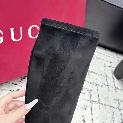 GUCCI 26S HORSEBIT KNEE-HIGH BOOTS 75 MM IN BLACK SUEDE