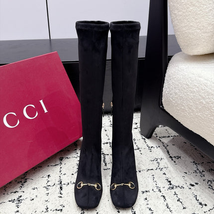 GUCCI 26S HORSEBIT KNEE-HIGH BOOTS 75 MM IN BLACK SUEDE