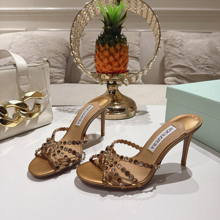 AQUAZZURA 26S HIGH-HEEL SANDALS 85 MM IN METALLIC GOLD CALFSKIN