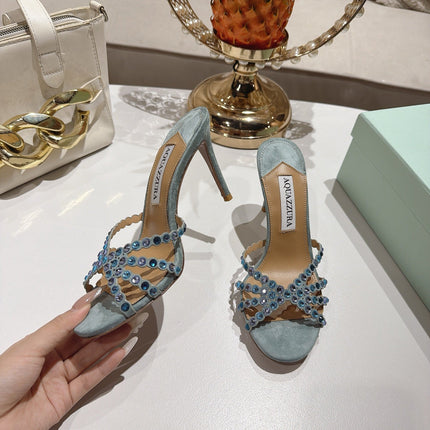 AQUAZZURA 26S HIGH-HEEL SANDALS 85 MM IN DUSTY BLUE SUEDE