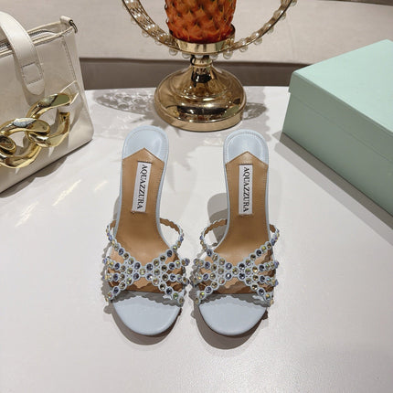 AQUAZZURA 26S HIGH-HEEL SANDALS 85 MM IN POWDER BLUE CALFSKIN